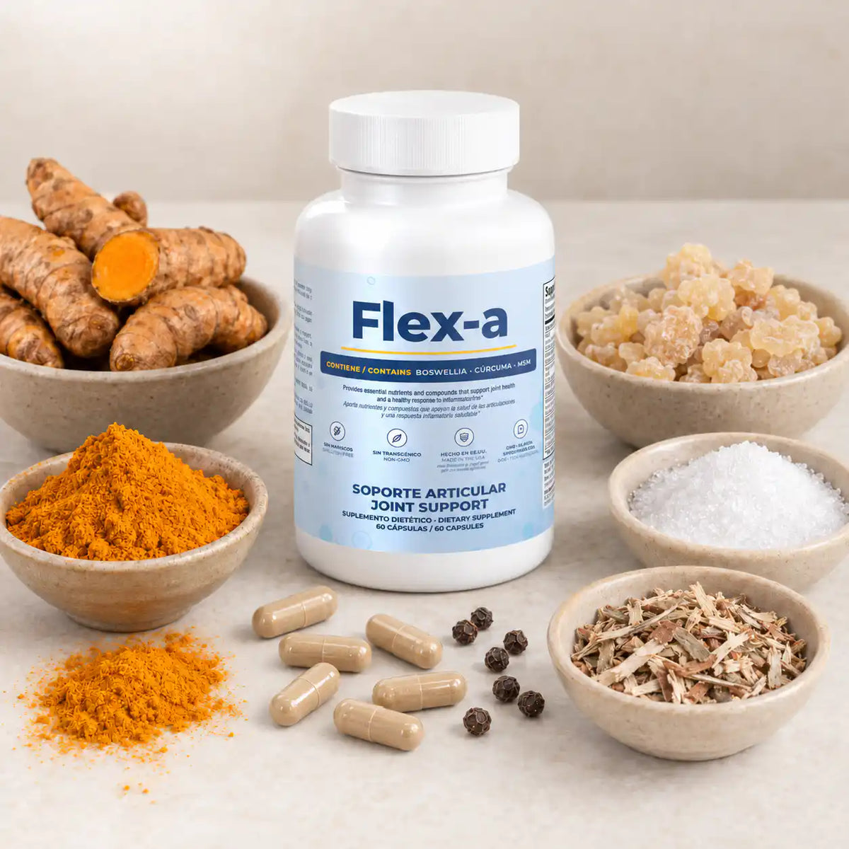 Frasco de Flex-a con sus ingredientes
