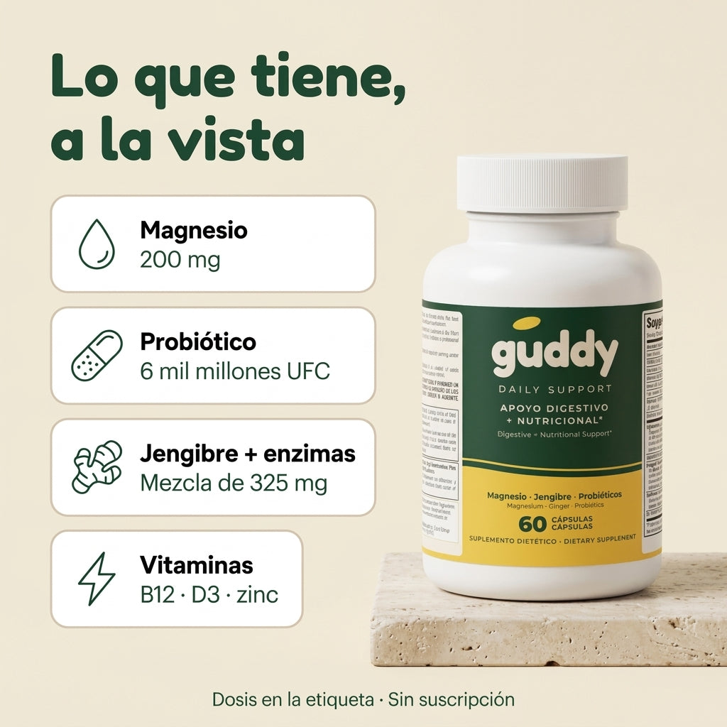 Lo que tiene Guddy: magnesio, probiótico, jengibre con enzimas y vitaminas